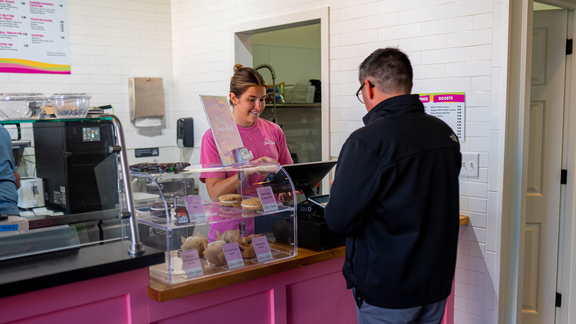 A customer placing an order at Jump Start Smoothies in Louisville, Kentucky.